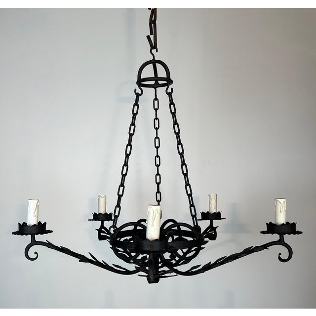 Wrought Iron Chandelier With 5 Arms Decorated With Leaves For Sale - Image 9 of 12