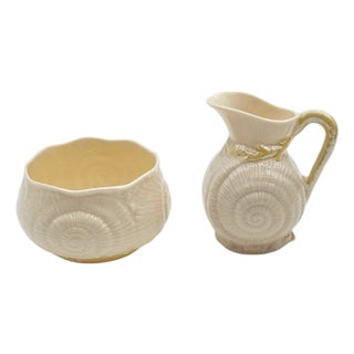 Belleek Irish Pottery Creamer and Sugar Bowl in Double Shell Seashell Design With Luster Glaze For Sale