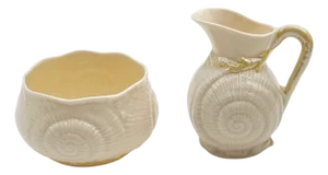 Belleek Irish Pottery Creamer and Sugar Bowl in Double Shell Seashell Design With Luster Glaze