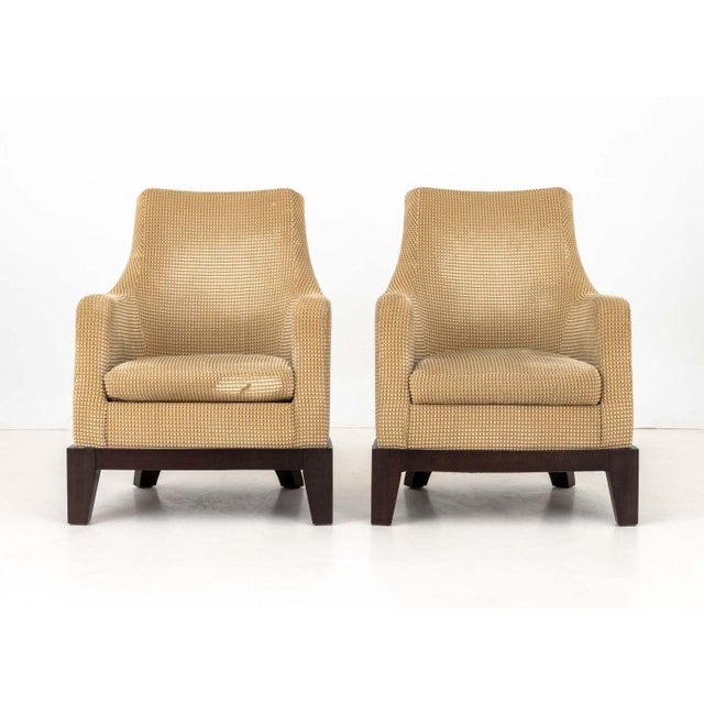 Pair of Romeo Sozzi for Promemoria "Aziza Alta" Arm Chairs, each upholstered in beige on circular wood base with four...