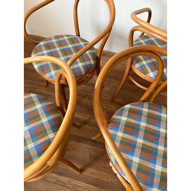 Thonet Set of 4 Thonet B9 Bentwood Armchairs, Reupholstered in Vintage Hoffman California Plaid Fabric For Sale - Image 4 of 12