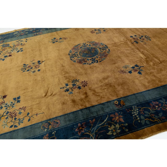 Antique Chinese Art Deco Wool Rug With Medallion and Indigo Floral Borders 9x11 For Sale - Image 4 of 10