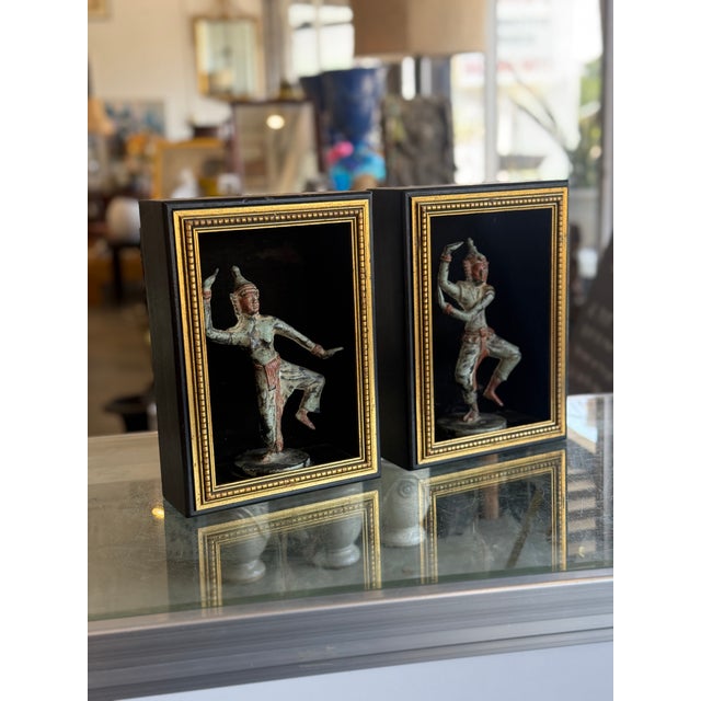 Pair of Vintage Bronze Thai Prince Statues Figurines in Shadow Boxes Shadow Boxes Measure 10.5"H x 8"W x 3.5"