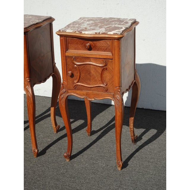 Brown Pair of Antique French Provincial Louis XV Nightstands Side Tables W Marble Top For Sale - Image 8 of 17