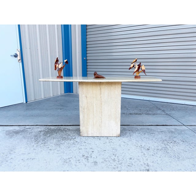 ✨ Travertine Console Table with Sculptural Pedestal Base ✨ This striking vintage travertine console table showcases the...