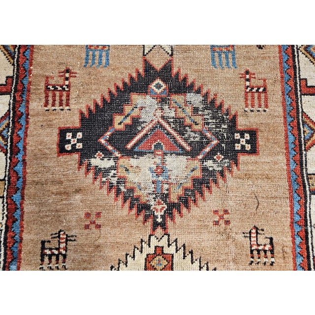 Persian Antique 19th C. Persian Kurdish Runner Rug, Hand-Knotted Wool, Geometric Pattern, 4x10, Camelhair & Ivory For Sale - Image 3 of 18