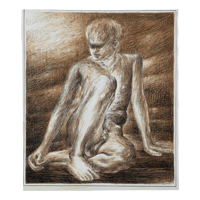 Joseph Smedley, Seated Male Nude Figurative Drawing, 1987, Paper For Sale