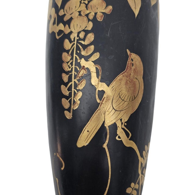 1920s Art Deco Tokanabe Style Wall Pocket Vase Black Gilt Bird Floral Decor 9.5" Japan For Sale - Image 5 of 9