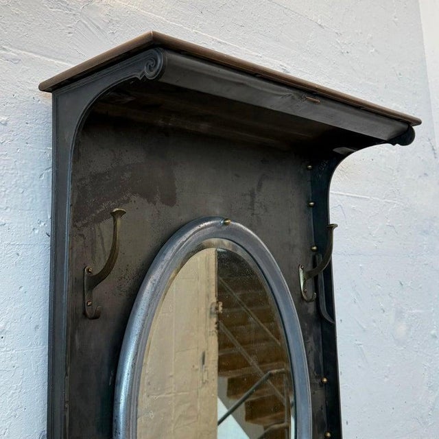 Metal 1920s Custom Industrial Brushed Steel Entryway Hall Tree Wall Mirror For Sale - Image 7 of 12