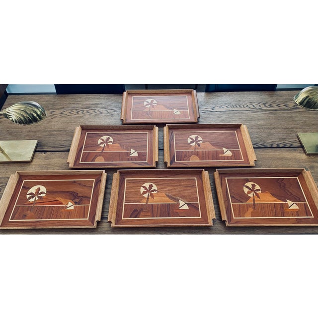 Gorgeous Mid Century Vintage Teak Inlay Trays made in Italy These are in like new condition! Each tray has been hand...