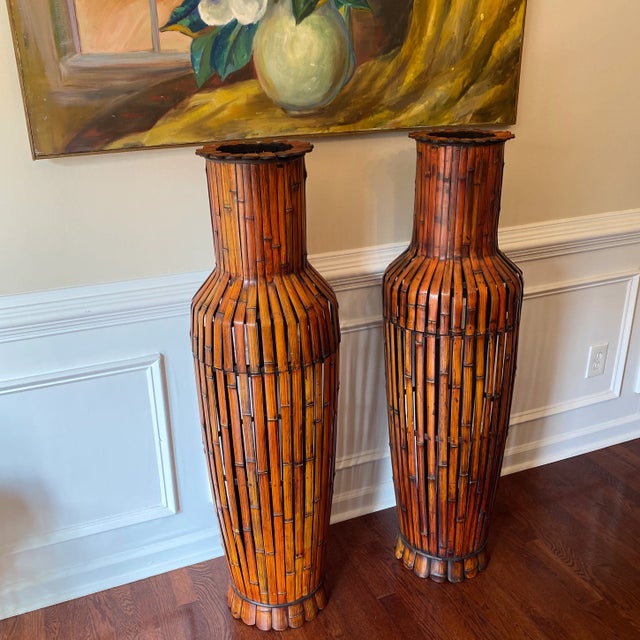 Boho Chic 1970s Pair of Oversized Bamboo Storage Pots For Sale - Image 3 of 6