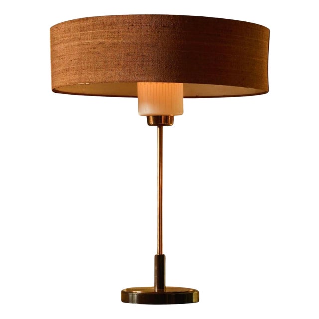 Mid-Century Table Lamp in Copper and Glass with Fabric Shade, 1960s For Sale