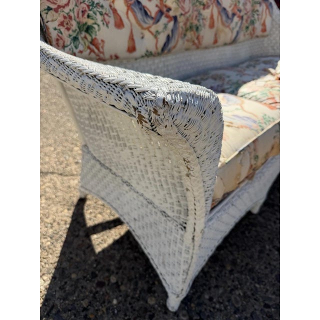 Wood Antique Victorian White Wicker Rattan Sunroom Patio Sofa W/ Loose Cushions For Sale - Image 7 of 18