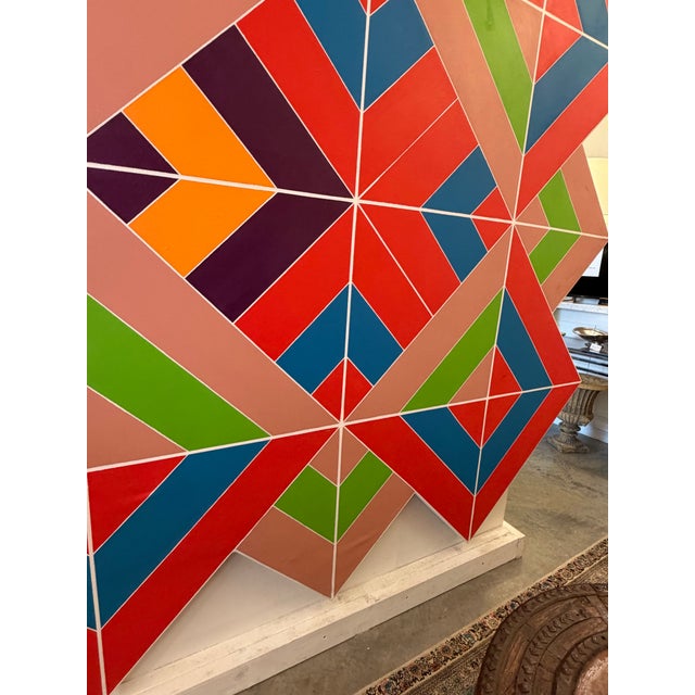 Mid Century Artist Joseph Kremer very large geometric abstract acrylic on canvas. Painted in 1971, Kremer had the canvas...