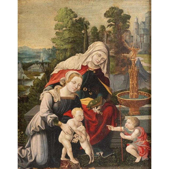 Important Flemish School Panel Painting, late 16th century, "Virgin and Child with Saint John the Baptist and Saint Anne"...