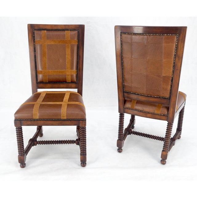 Brown Pair of Turned Legs & Stretchers Large Leather Upholstery Side Chairs MINT! For Sale - Image 8 of 14