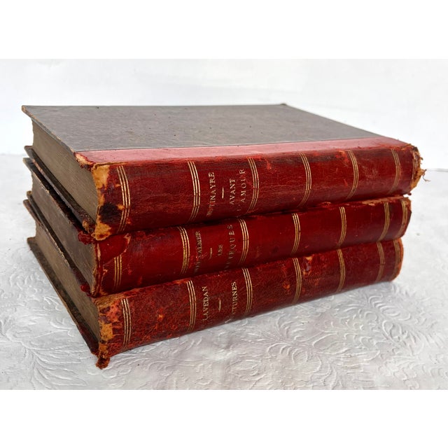 Antique French Red Leather Bound Books - Set of 3 For Sale - Image 4 of 12