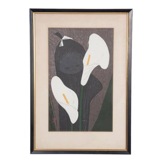 1950s Matted, Framed, and Signed Original Kaoru Kawano Color Woodcut of Girl With Lily For Sale