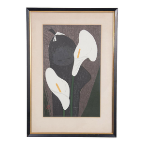 1950s Matted, Framed, and Signed Original Kaoru Kawano Color Woodcut of Girl With Lily