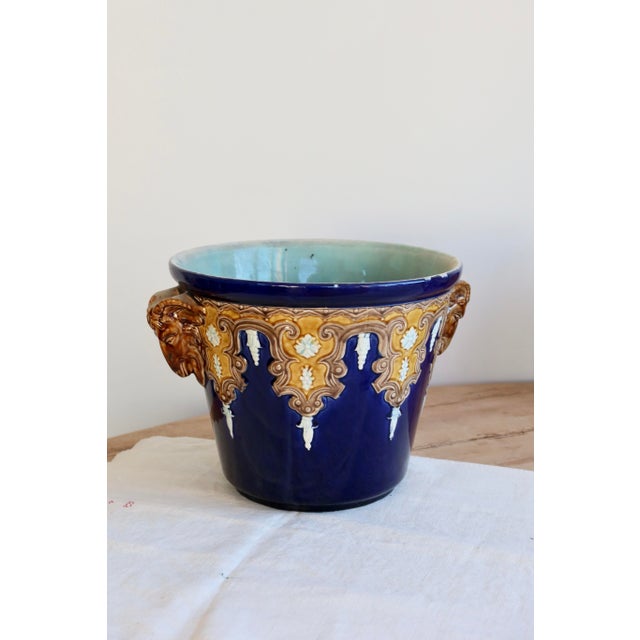 Antique Fives-Lille Cachepot in Blue Glazed Ceramic with Neo-Renaissance Decor by Gustave De Bruyn, 19th Century For Sale - Image 11 of 11