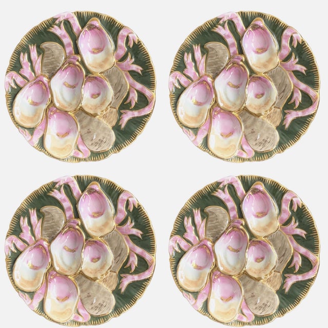 Set of 4 — Antique Carl Tielsch Ct Germany Oyster Plates — Hand-Painted, 5-Well Sculptural Mold, Martha's Vineyard Estate, c.1850 For Sale - Image 12 of 12