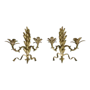 Hollywood Regency Heavy Brass La Barge Style 2-Candle Wall Sconces- a Pair