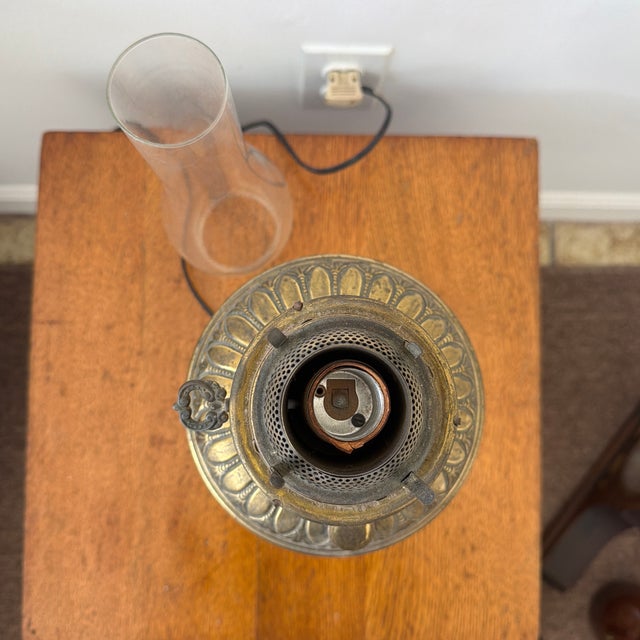 Brass 19th-Century Embossed Brass Parlor Lamp on Ornate Cast Iron Base - Electrified For Sale - Image 8 of 9