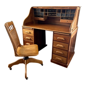 Rare Antique Oak S-Curve Roll Top Desk by Myrtle Desk With Vintage Pioneer Manufacturing Oak Desk Chair