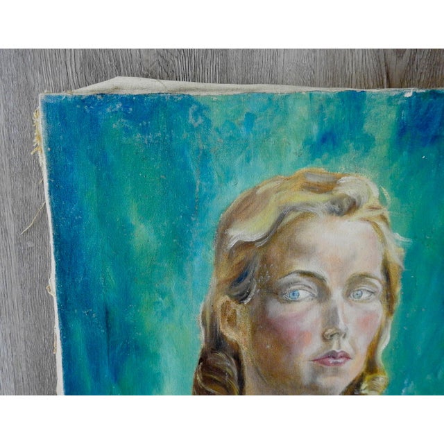 Mid 20th century oil on canvas portrait painting of blonde blue eyed woman in white. Unsigned. Unframed, edge wear, small...