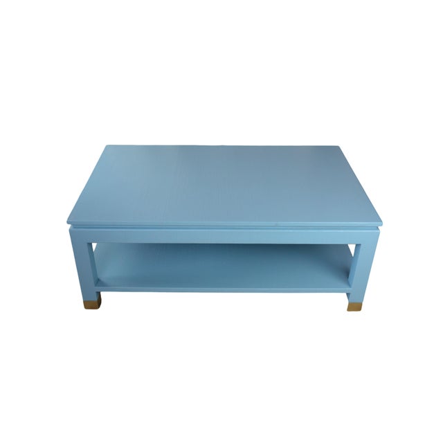 Modern Karl Springer Style Modern Light Blue Linen-Raffia Coffee Table. With Four Brass Sabot For Sale - Image 3 of 10