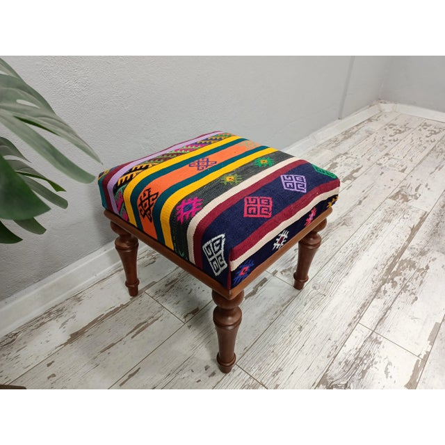 Ethnic Kilim Upholstered Padded Footstool For Sale - Image 4 of 9
