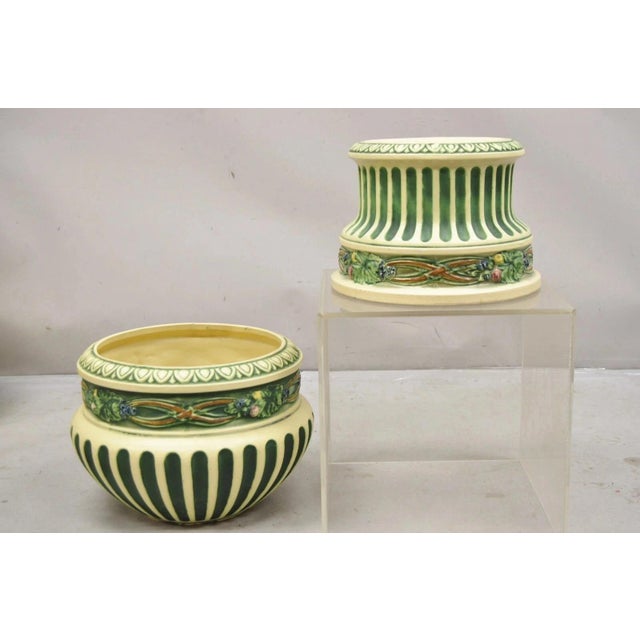 Victorian Antique Roseville Corinthian Pattern Jardiniere Planter Pot & Rare Low Pedestal For Sale - Image 3 of 12