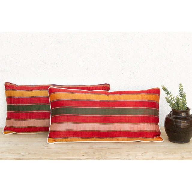 Indian Pair of Bhuj Striped Mashru Lumbar Pillows For Sale - Image 3 of 9
