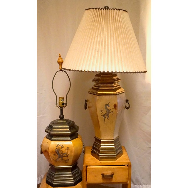 This pair of Chapman Manufacturing table lamps is gorgeous in rich tan with leather and a brass pedestal base. The lamps...