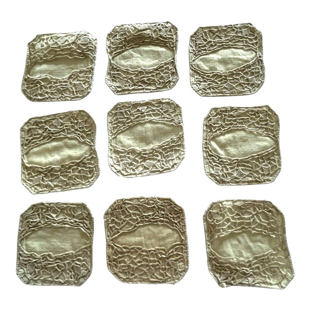Vintage Tatting Wine Stemware Coaster Vntge Linen Entertaining Traditional Farmhouse Primitive Victorian Edwardian - Set of 9 For Sale