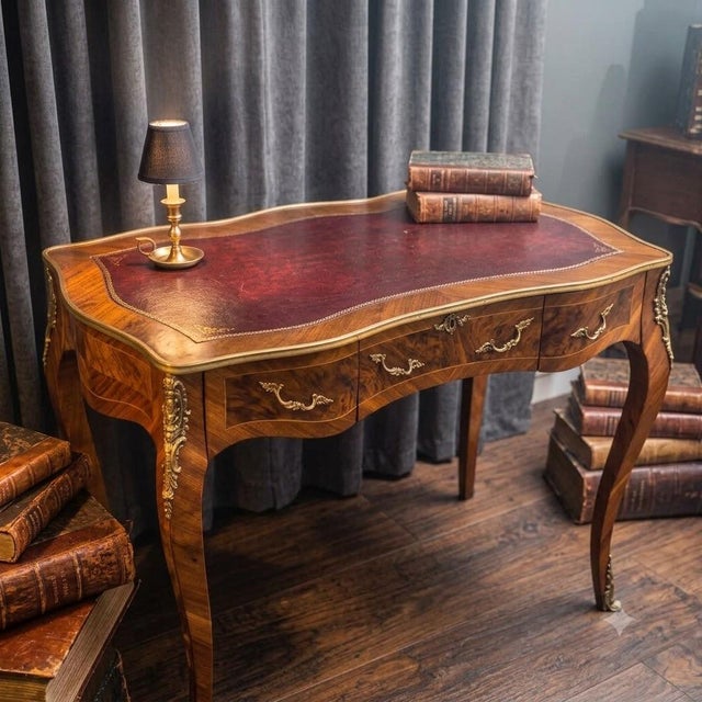 Vintage French Louis XV–Style Leather-Top Ladies’ Writing Desk For Sale - Image 12 of 14