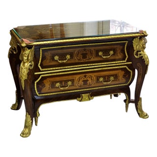 Ornate French Empire-Style Commode – Floral Marquetry Cabinet With Marble Top & Gilt Bronze Accents For Sale