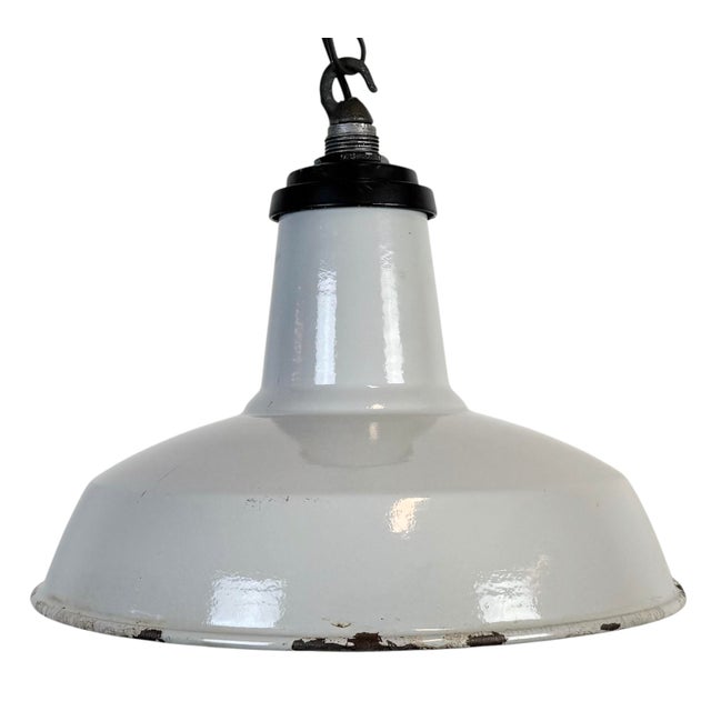 Industrial Grey Enamel Factory Pendant Lamp, 1960s For Sale - Image 17 of 17
