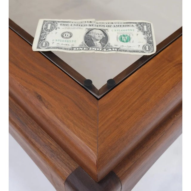 Mid-Century Modern Large Rectangle 3 Smoked Glass Panes Top Solid Oiled Walnut Coffee Table For Sale - Image 3 of 13