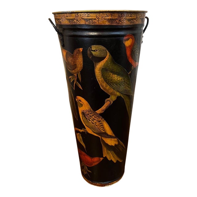 Vintage English Planter Jardiniere Urn Bird Decoupage Black Tole Aviary Décor For Sale