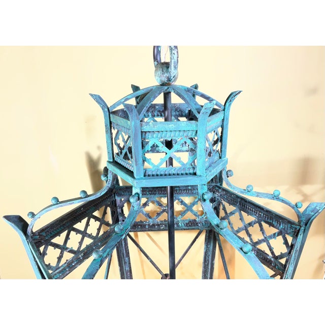 Verdigris Exquisite Large Hand-Forged Iron Lantern – Verdigris Patina - 47” High X 24”Wide For Sale - Image 8 of 18