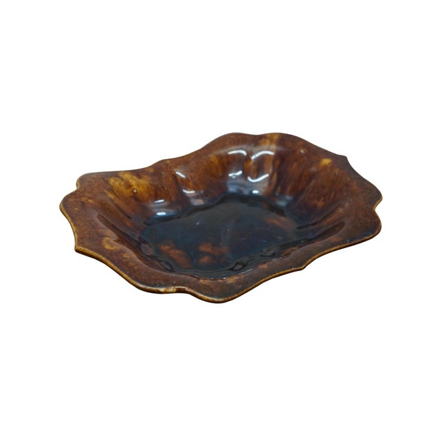 Victorian Antique Ceramic Brown Glazed Scalloped Dish Tray Centerpiece Bowl Compote 11" For Sale - Image 3 of 10