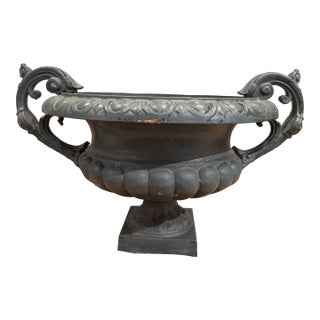 19th Century Antique French Neoclassical Painted Cast Iron Garden Urn For Sale