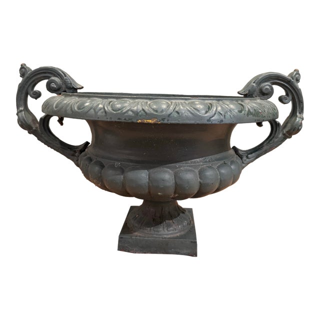 19th Century Antique French Neoclassical Painted Cast Iron Garden Urn For Sale