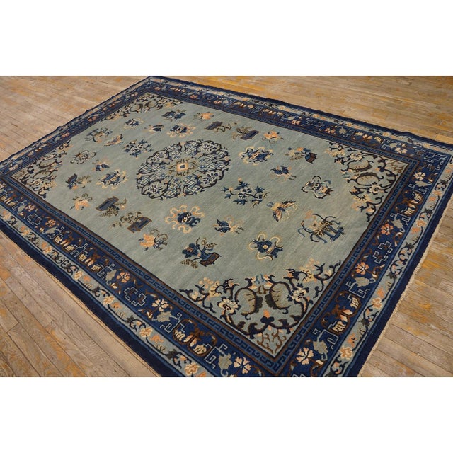 Late 19th Century 1890s Antique Sky Blue Medallion Greek Key Knotted Wool Rectangle Room Size Rug For Sale - Image 5 of 8