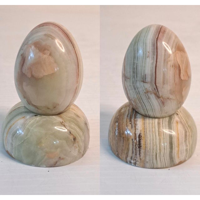 Vintage Carved Soapstone Egg & Rainbow Stone Egg Set of 2 W/ Stands For Sale - Image 9 of 13