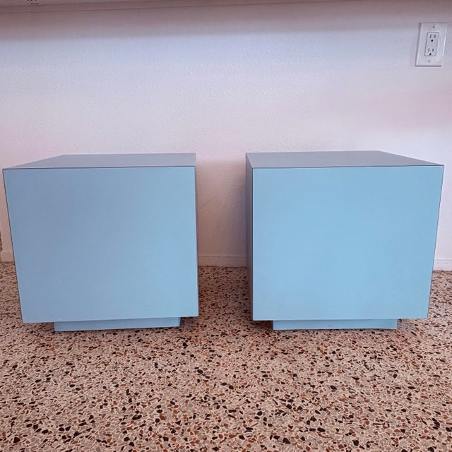 1980s 1980s Modernist Laminate Cube Side Tables in Soft Blue - A Pair For Sale - Image 5 of 7