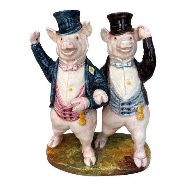 19th Century Rare French Majolica Pigs Gentlemen Delphin Massier For Sale