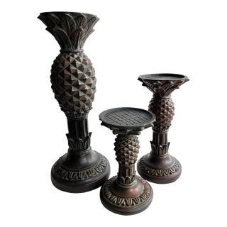 Late 20th Century Trio of Graduated Pineapple Palm Tree Pillar Candle Holders - Set of 3 For Sale