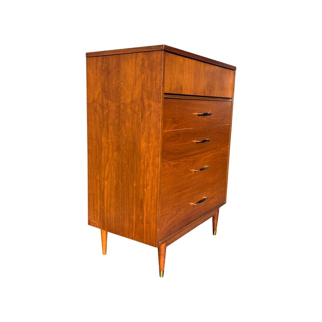 Mid Century Modern Vintage Tall Highboy Dresser With Brass Hardware For Sale - Image 11 of 11